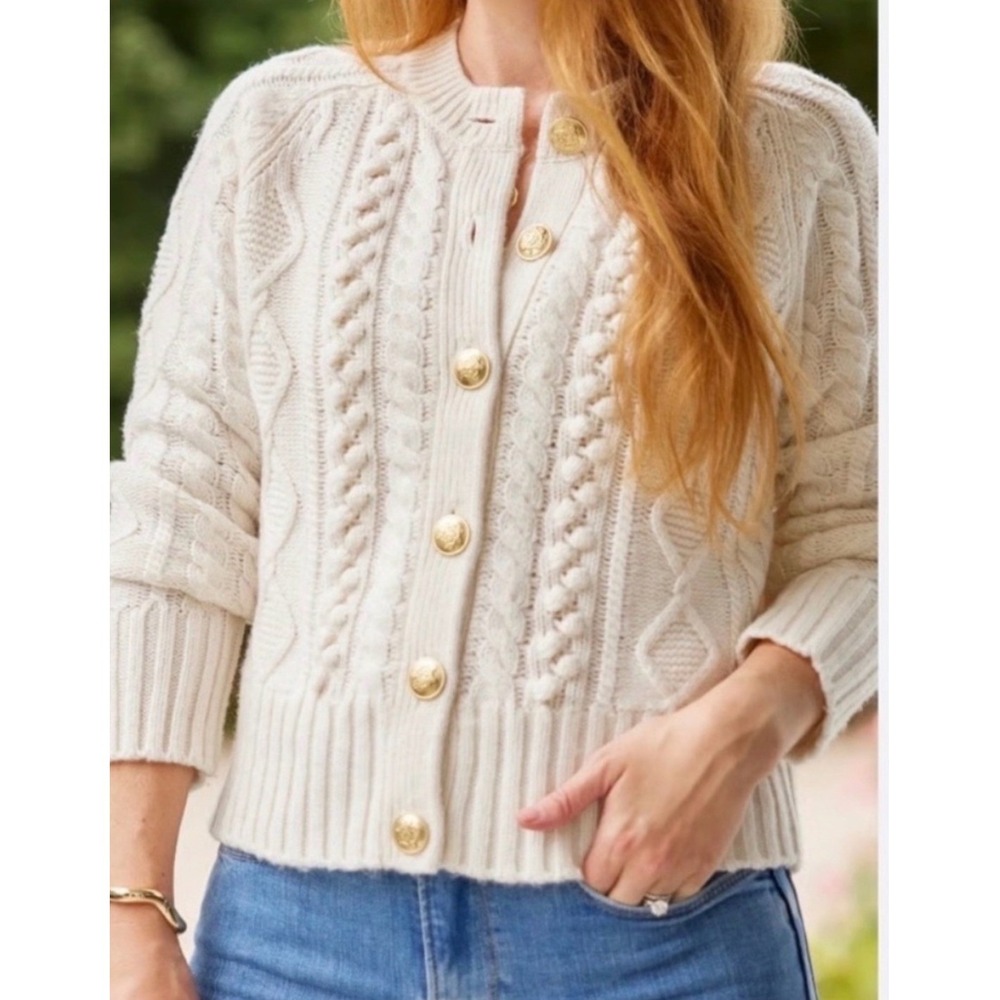 J.Crew Cream Cable Knit Gold Button Cardigan Sweater Lambswool M